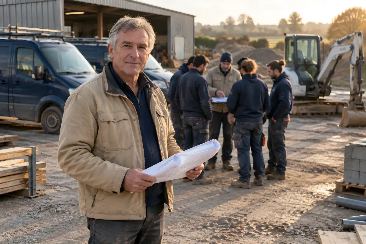 Dirigeant d'une entreprise de bâtiment sur son dépôt au petit matin, son équipe se rassemblant autour du chef de chantier