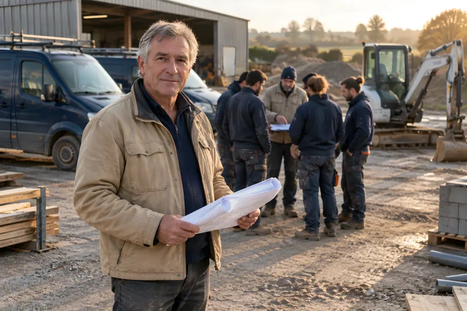 Dirigeant d'une entreprise de bâtiment sur son dépôt au petit matin, son équipe se rassemblant autour du chef de chantier