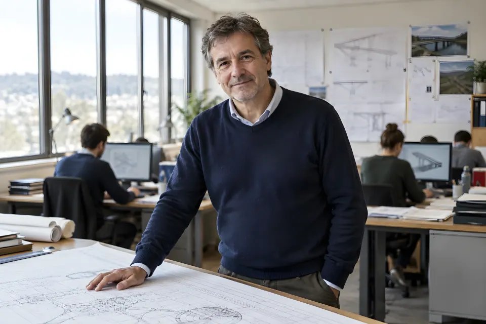 Fondateur d'un bureau d'études devant un plan, ses ingénieurs en arrière-plan