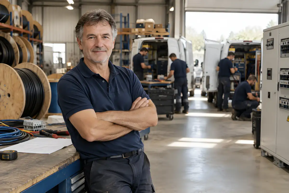 Fondateur d'une entreprise d'installation électrique dans son atelier, ses techniciens préparant leurs camions
