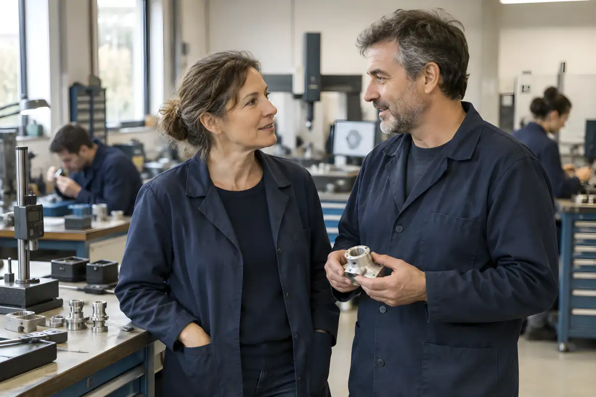 Les deux cofondateurs d'un sous-traitant en mécanique de précision dans leur atelier