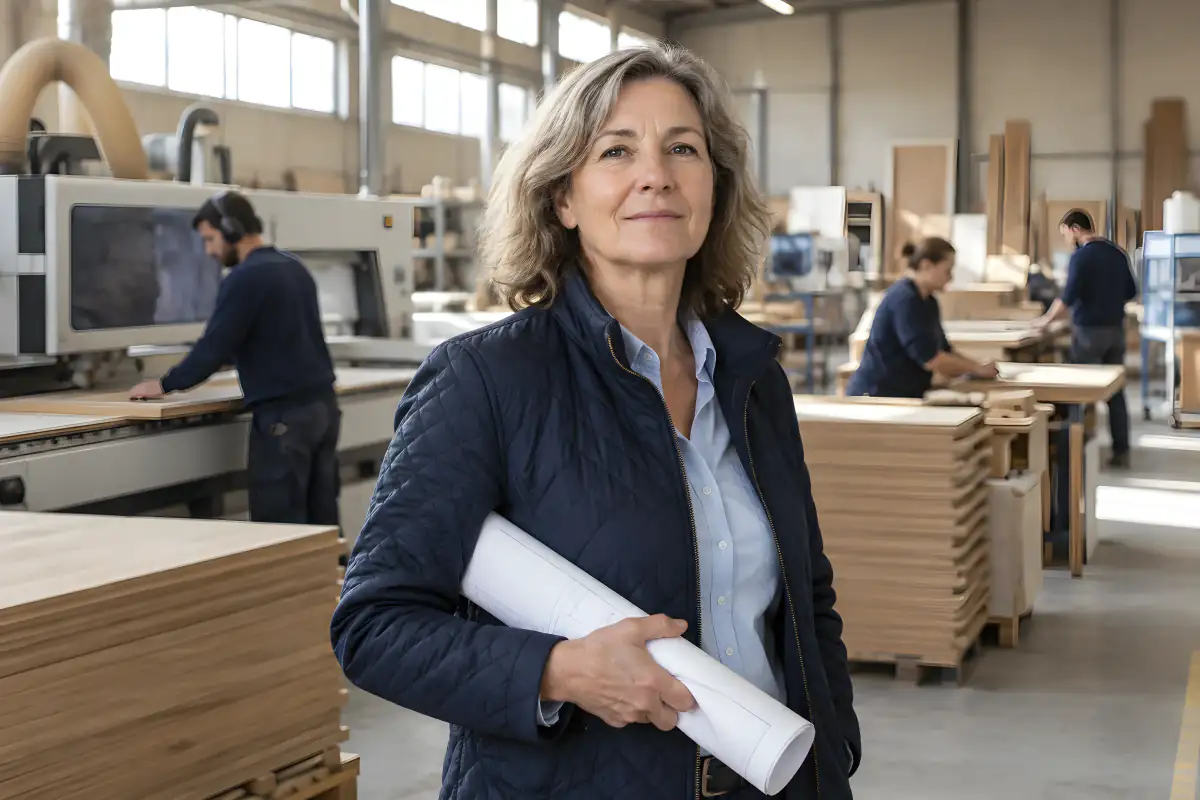 Dirigeante d'une menuiserie industrielle dans son atelier de production, son équipe au travail derrière elle