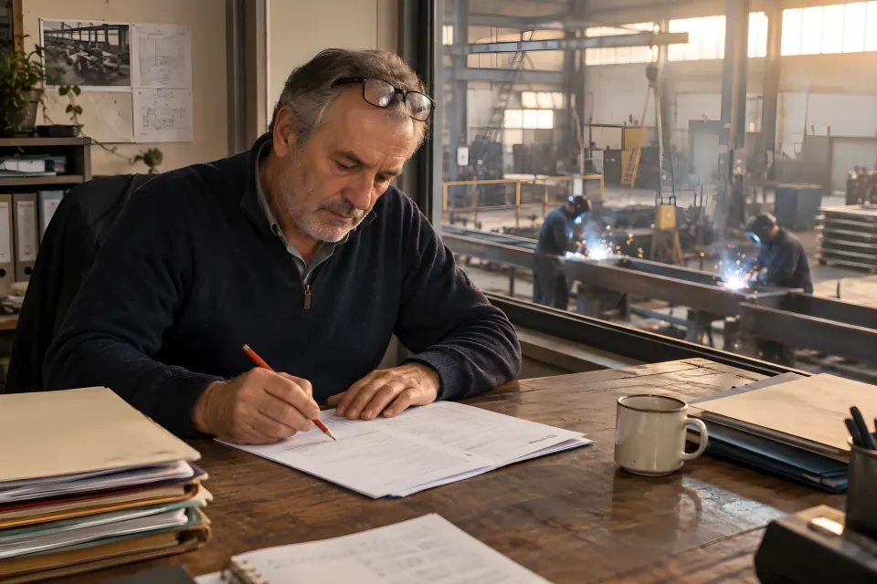 Dirigeant d'un atelier de métallerie annotant un dossier dans son bureau en mezzanine, au-dessus de l'atelier