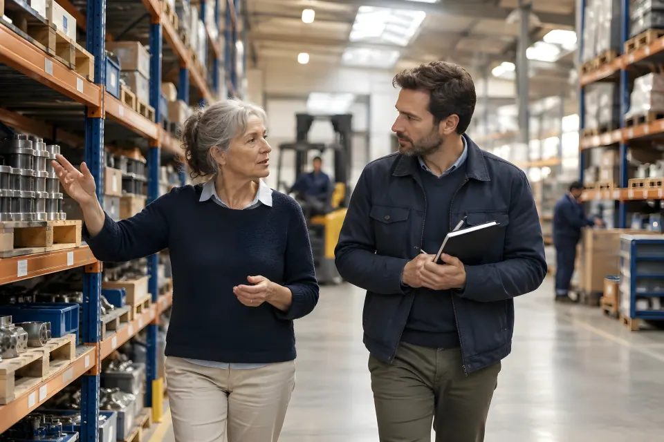 Fondatrice d'une société de négoce technique faisant visiter son entrepôt à son futur repreneur