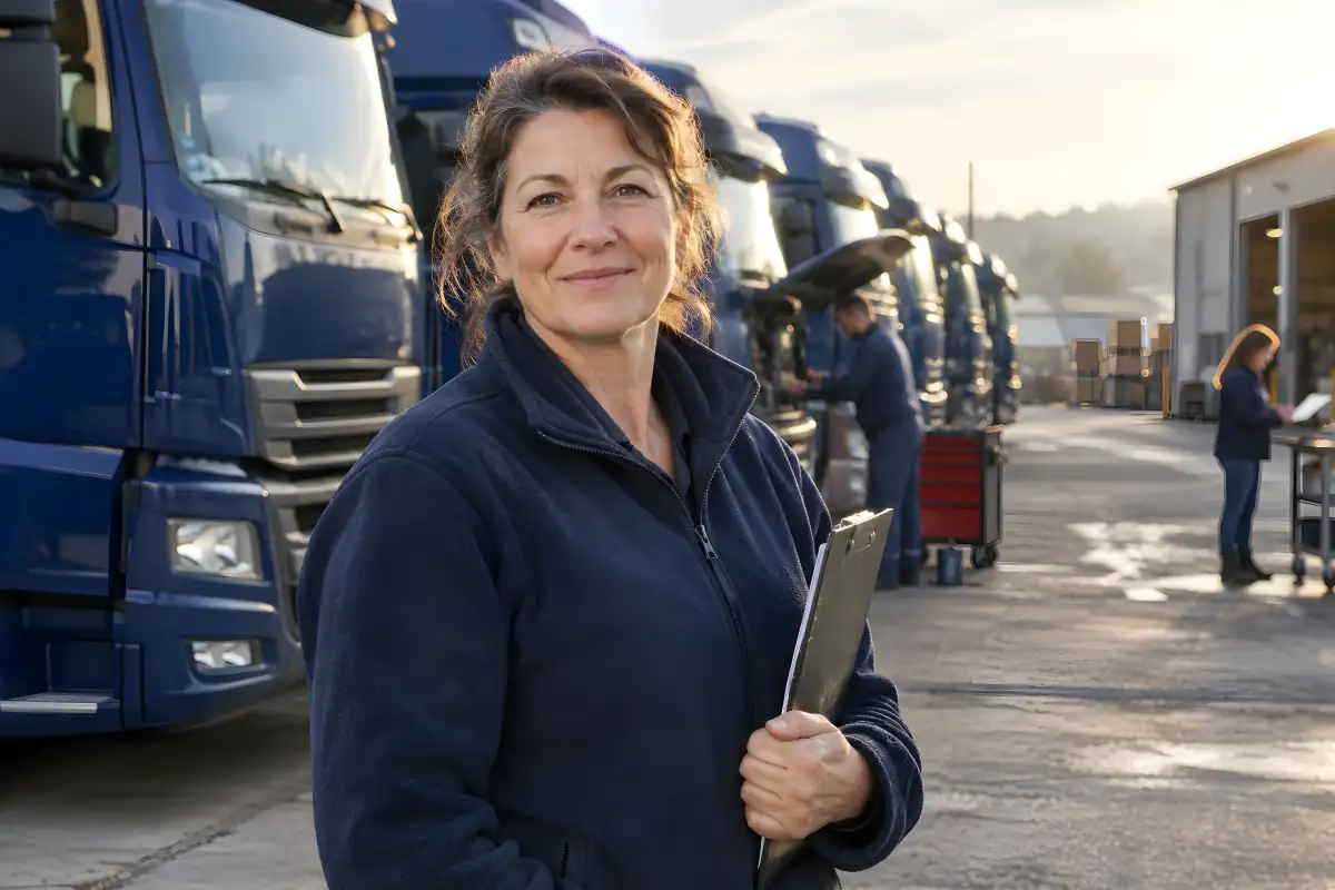 Dirigeante d'une entreprise de transport régional devant sa flotte de camions