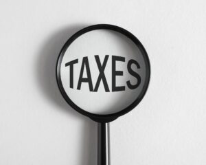 Tax increase, financial, economic concept. Magnifying glass focused on big word Taxes